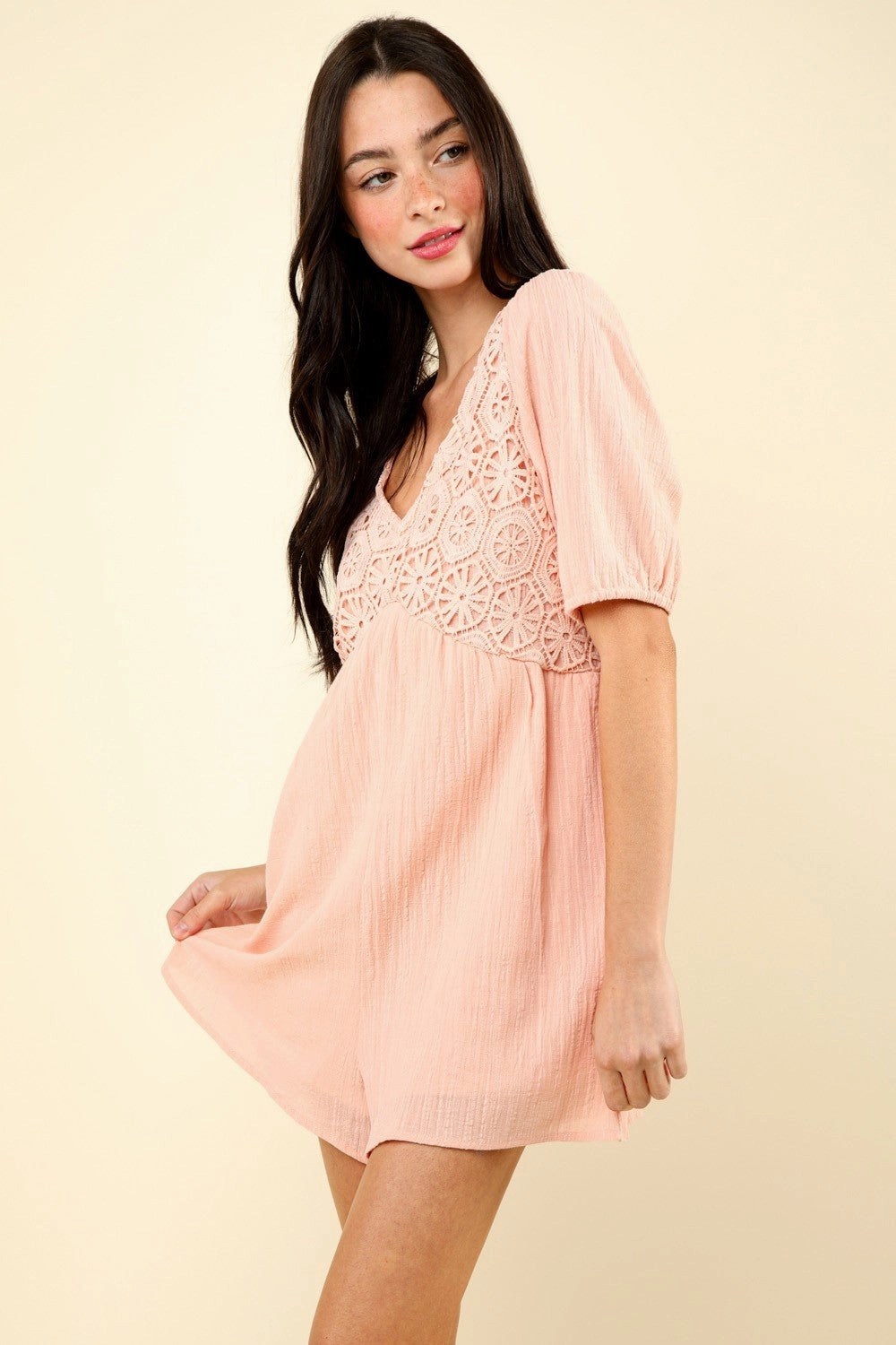 Today Only Discount Alert Very J Lace Detail Puff Sleeve Romper With Pockets