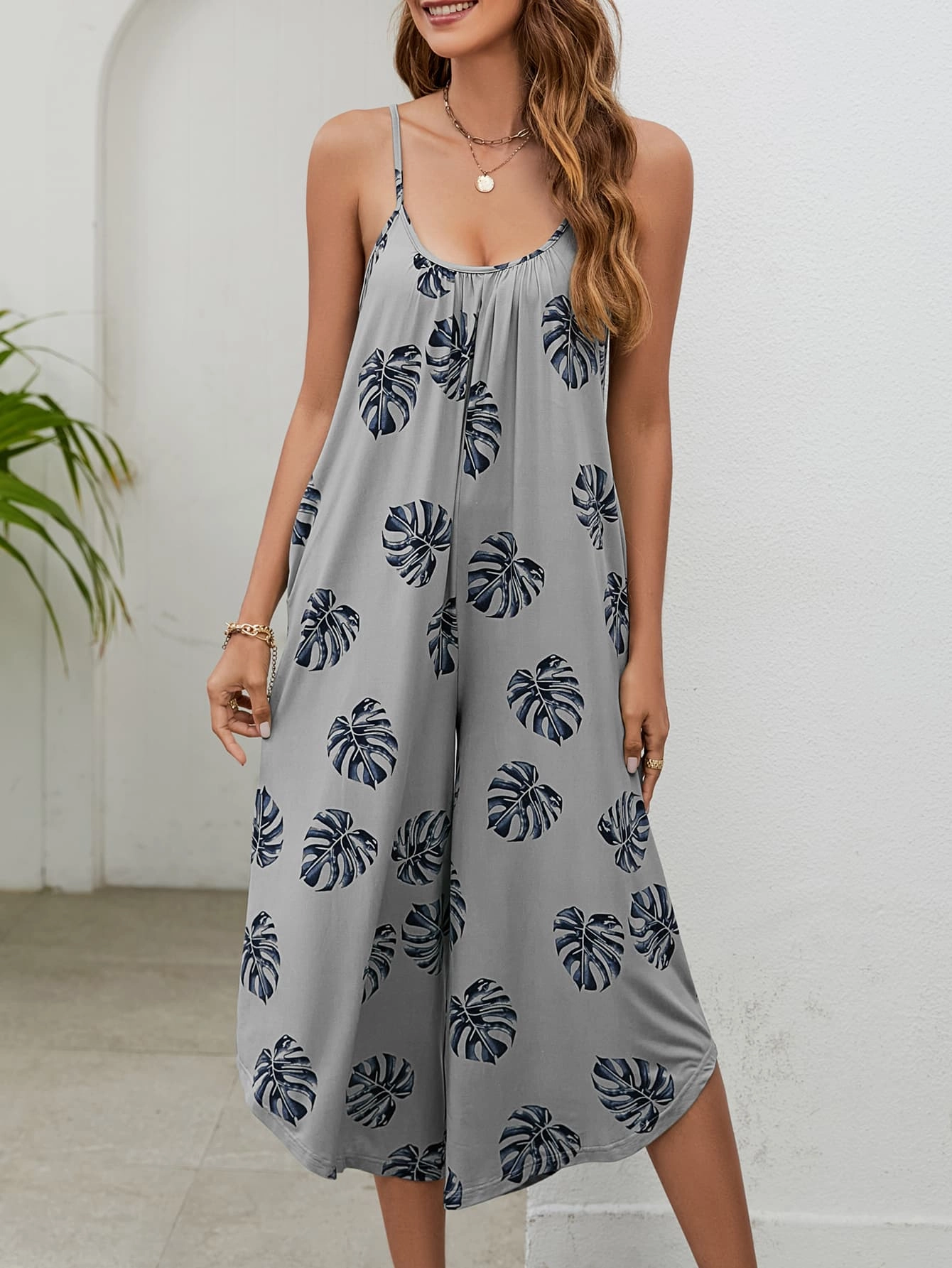 Today Only Savings Botanical Print Spaghetti Strap Scoop Neck Jumpsuit