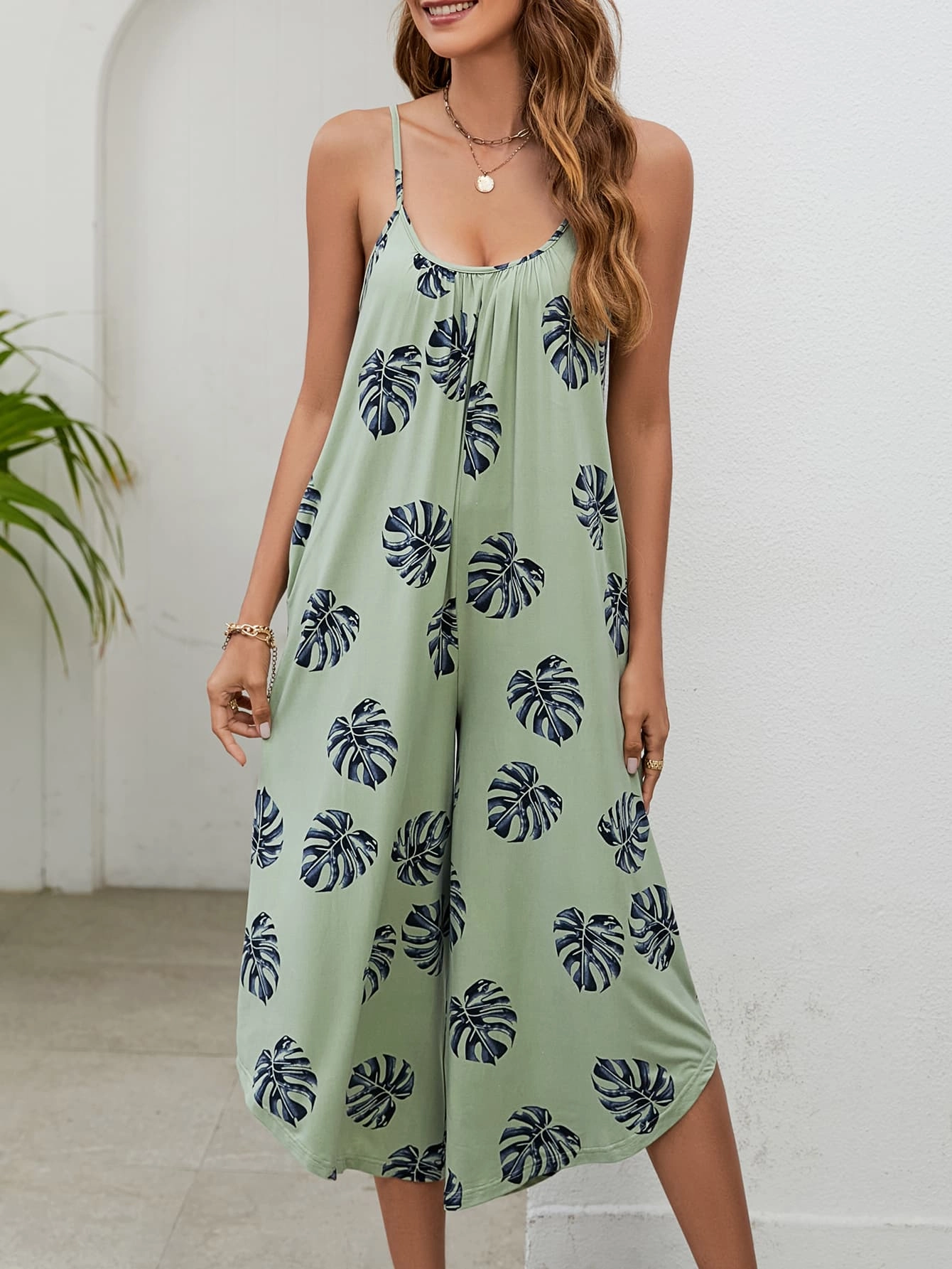 Botanical Print Spaghetti Strap Scoop Neck Jumpsuit Big Price Drop