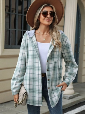 Limited Stock Deals Drawstring Plaid Button Up Hooded Jacket
