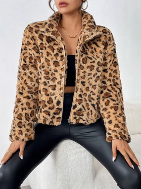 Fuzzy Turtleneck Leopard Zip Up Jacket Limited Edition Offer Hot Sale Frenzy