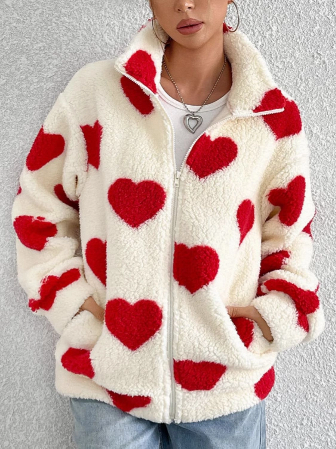 Heart Zip Up Drop Shoulder Furry Jacket Deal Frenzy Today Shop Grab Now