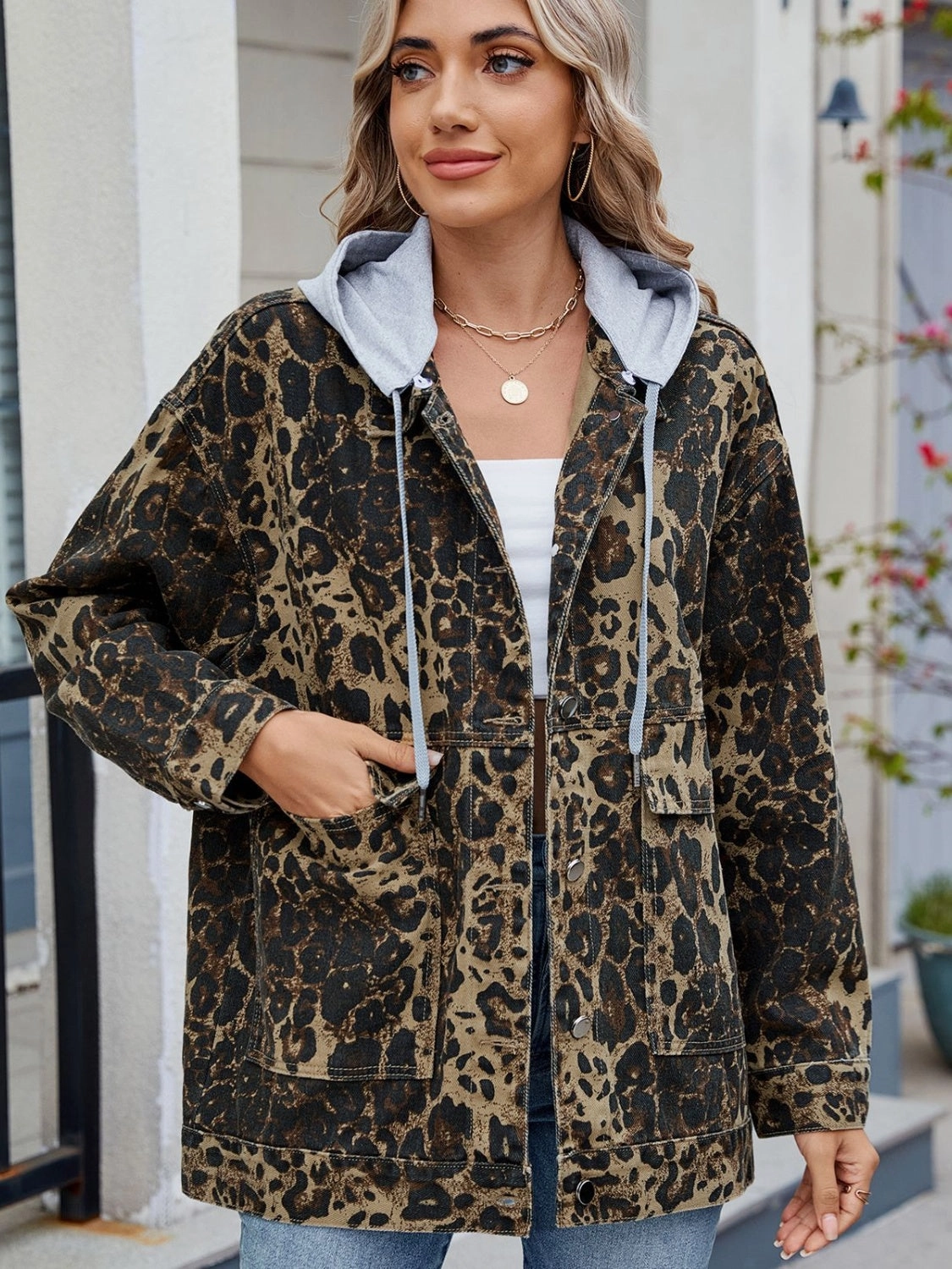 Clearance Event Alert Shop Hot Picks Leopard Button Up Drop Shoulder Denim Jacket