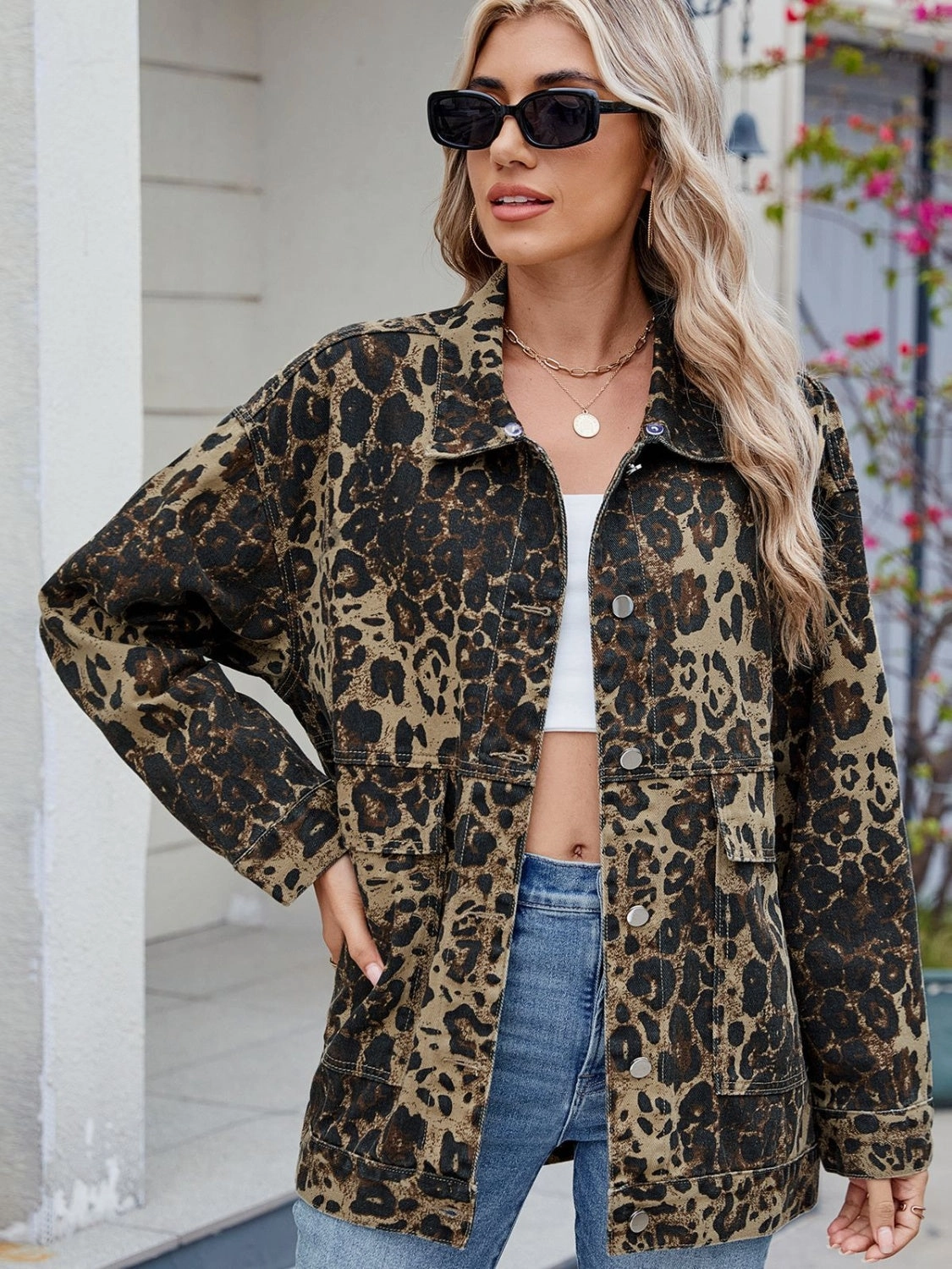 Hot Discount Deal Weekend Specials Leopard Button Up Drop Shoulder Denim Jacket