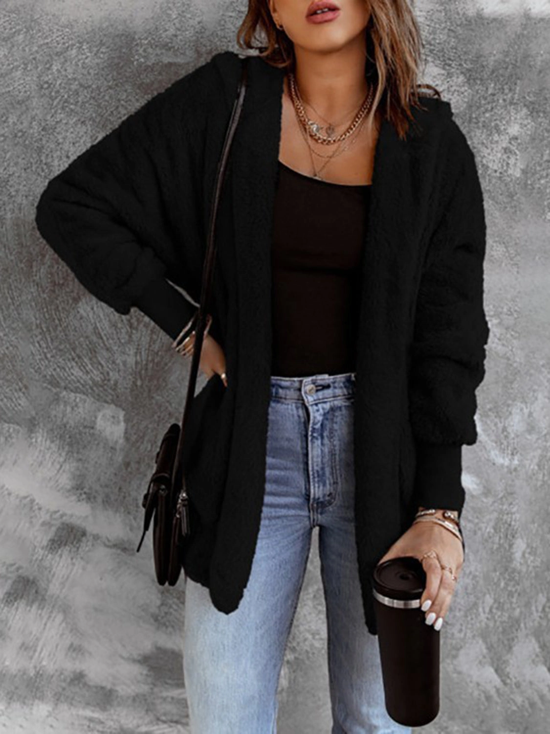 Today Only Special Clearance Event Alert Open Front Hooded Faux Fur Outwear With Pockets