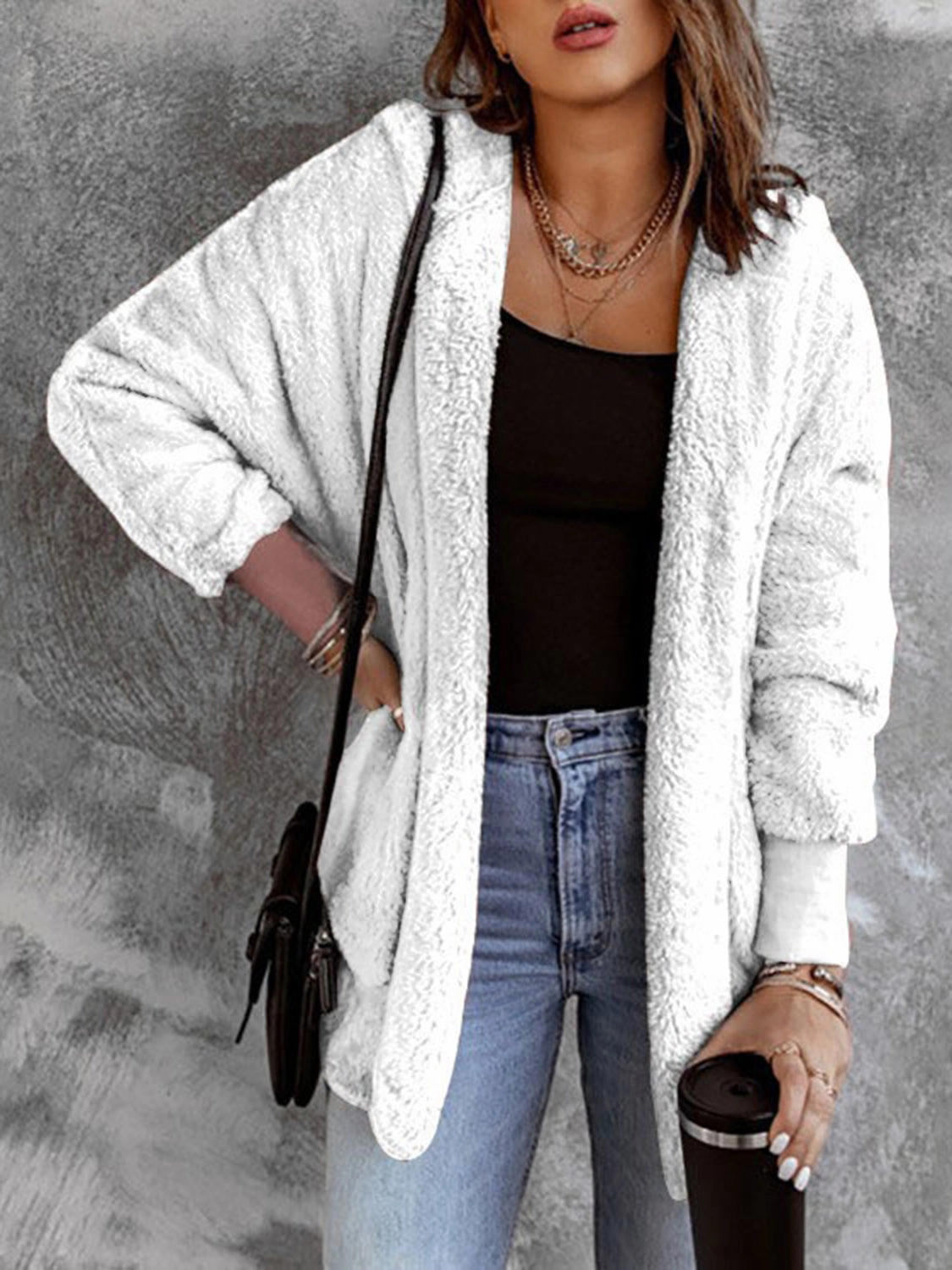 Daily Special Offer Open Front Hooded Faux Fur Outwear With Pockets