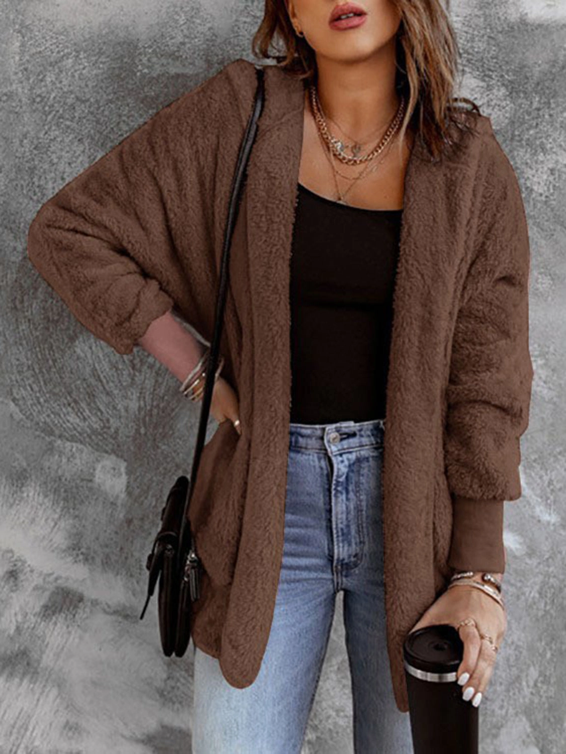 Sale Ending Soon Open Front Hooded Faux Fur Outwear With Pockets