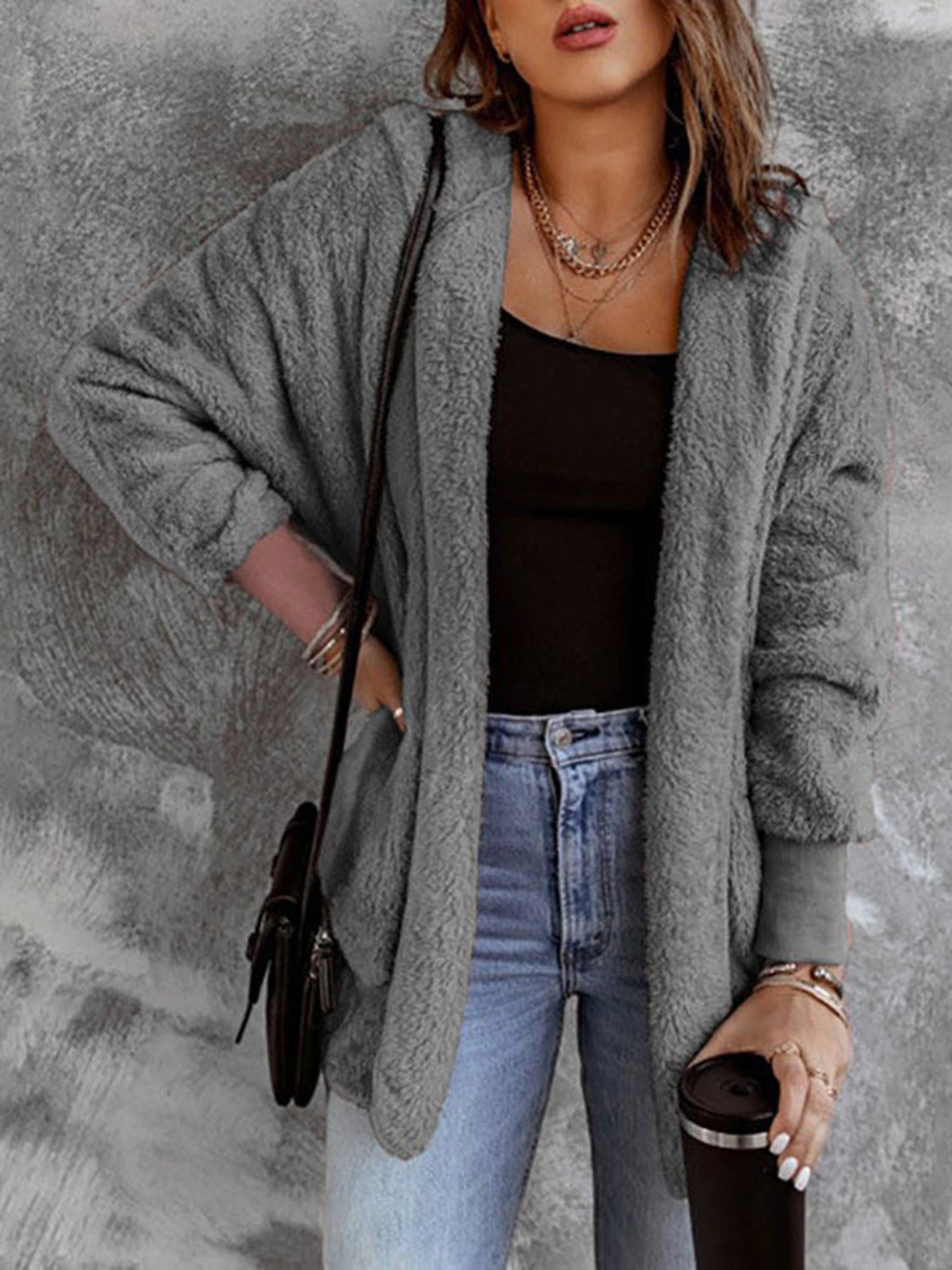 Clearance Steal Today Open Front Hooded Faux Fur Outwear With Pockets