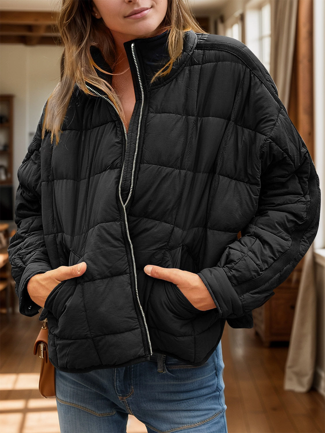 Hot Offer Frenzy MustHave Items Pocketed Plaid Quilted Zip Up Winter Coat