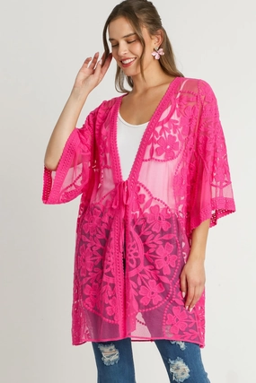 Umgee Full Size Floral Lace Open Front Kimono Sleevee Cover Up With Waist Tie Plus Size Hot Offer Event