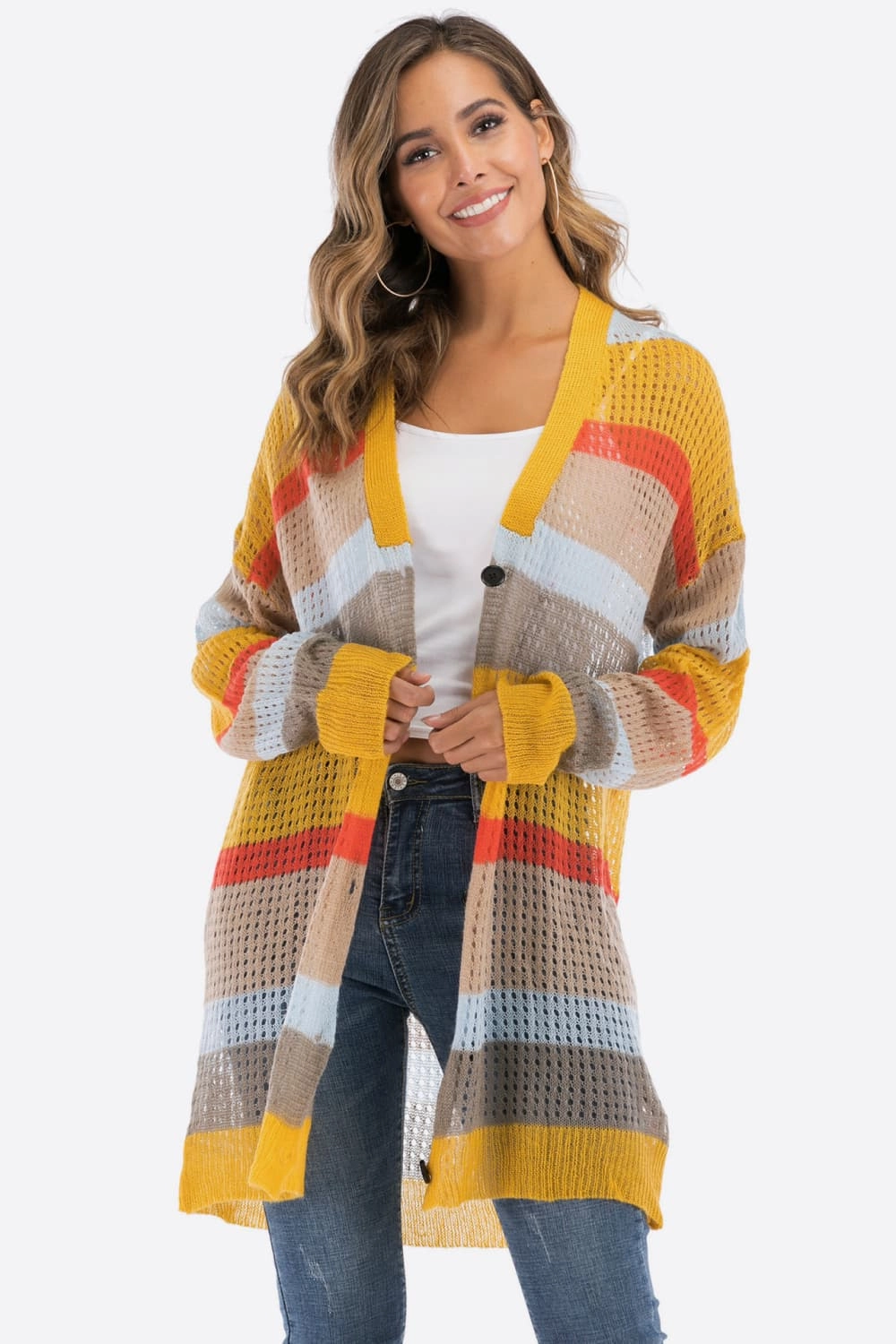 Todays Special Savings Color Block Openwork Long Sleeve Cardigan