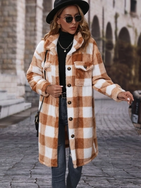 Plaid Collared Neck Button Down Coat Best Seller Discount Hot Sale Alert