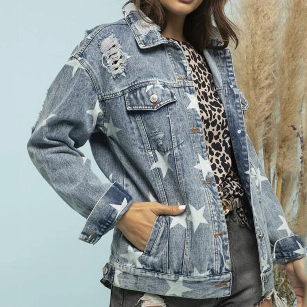 Star Distressed Denim Shacket Shop Save Big Hot Pick Online