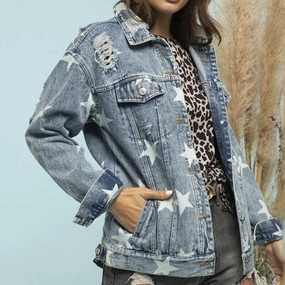 Clearance Blowout New Arrival Discount Star Distressed Denim Shacket