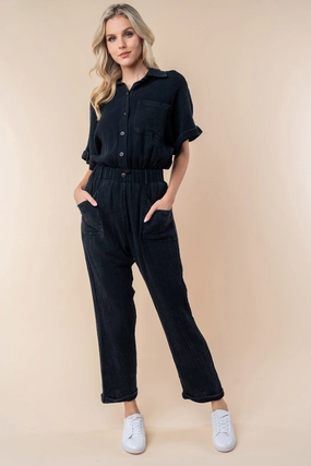Instant Hot Deal Shop Save Big White Birch Texture Short Sleeve Jumpsuit