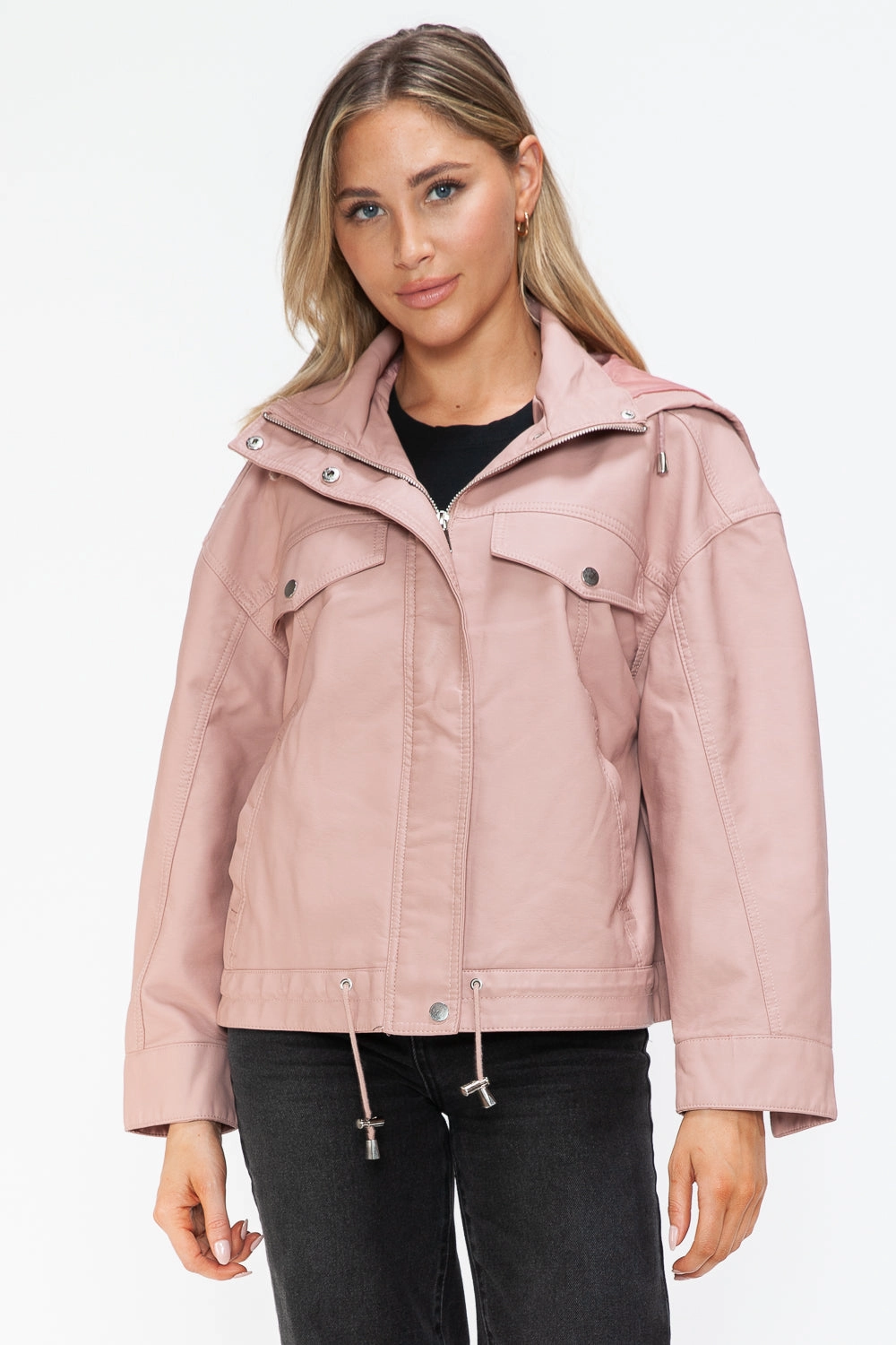Sweet Deal Inside How Dare U Drawstring Hem Pu Leather Zip Up Jacket