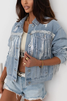 Best Deal Online Sequin Fringe Trim Distressed Button Up Denim Jacket