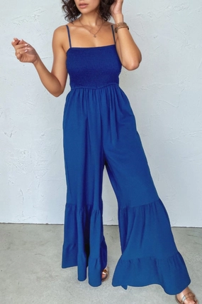 Grab It Fast Spaghetti Straps Smocked Ruffled Wide Leg Jumpsuit