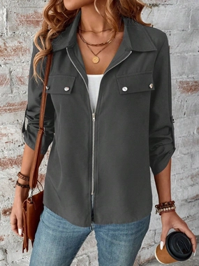 Zip Up Collared Neck Roll-Tab Sleeve Jacket Hot Discount Deal