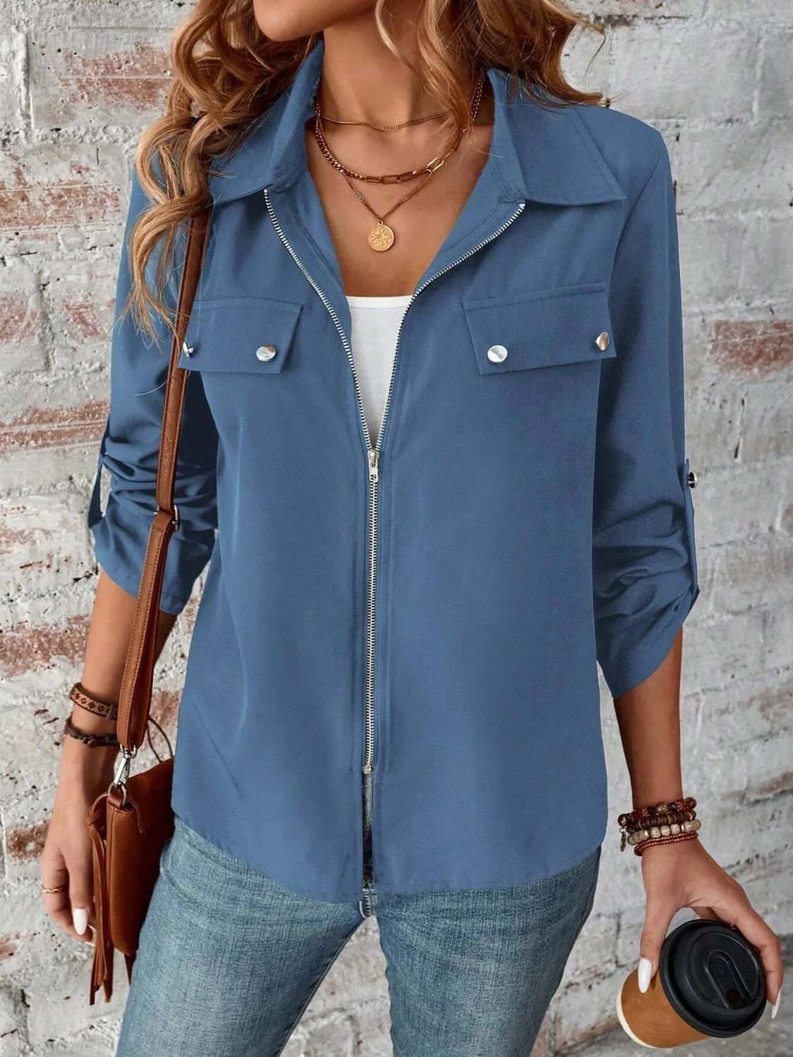 Exclusive Online Offer Zip Up Collared Neck Roll-Tab Sleeve Jacket