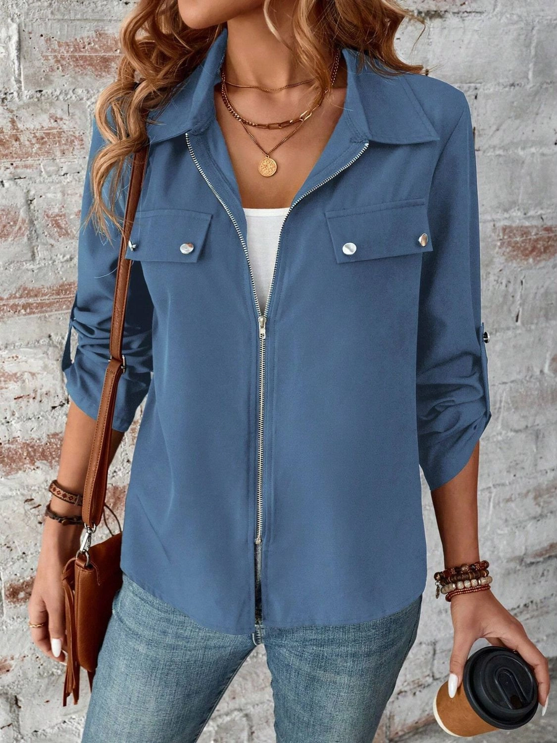Zip Up Collared Neck Roll-Tab Sleeve Jacket Hot Pick Sale Hot Sale Frenzy