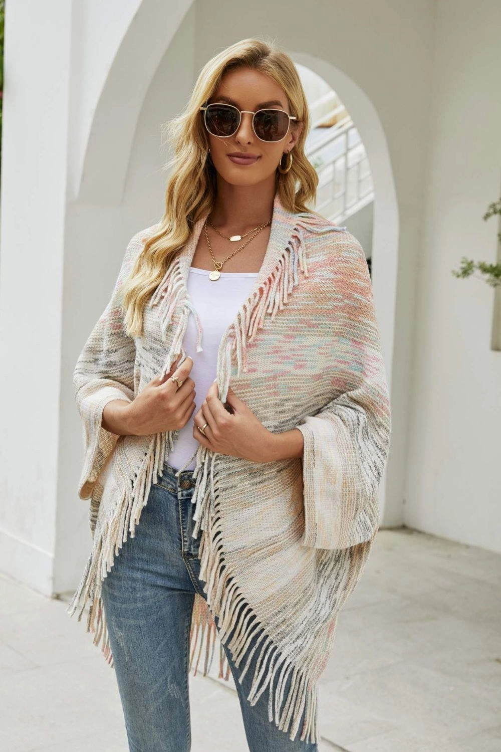 Multicolored Fringe Trim Poncho Limited Stock Hot Deal Today Only Discount Alert