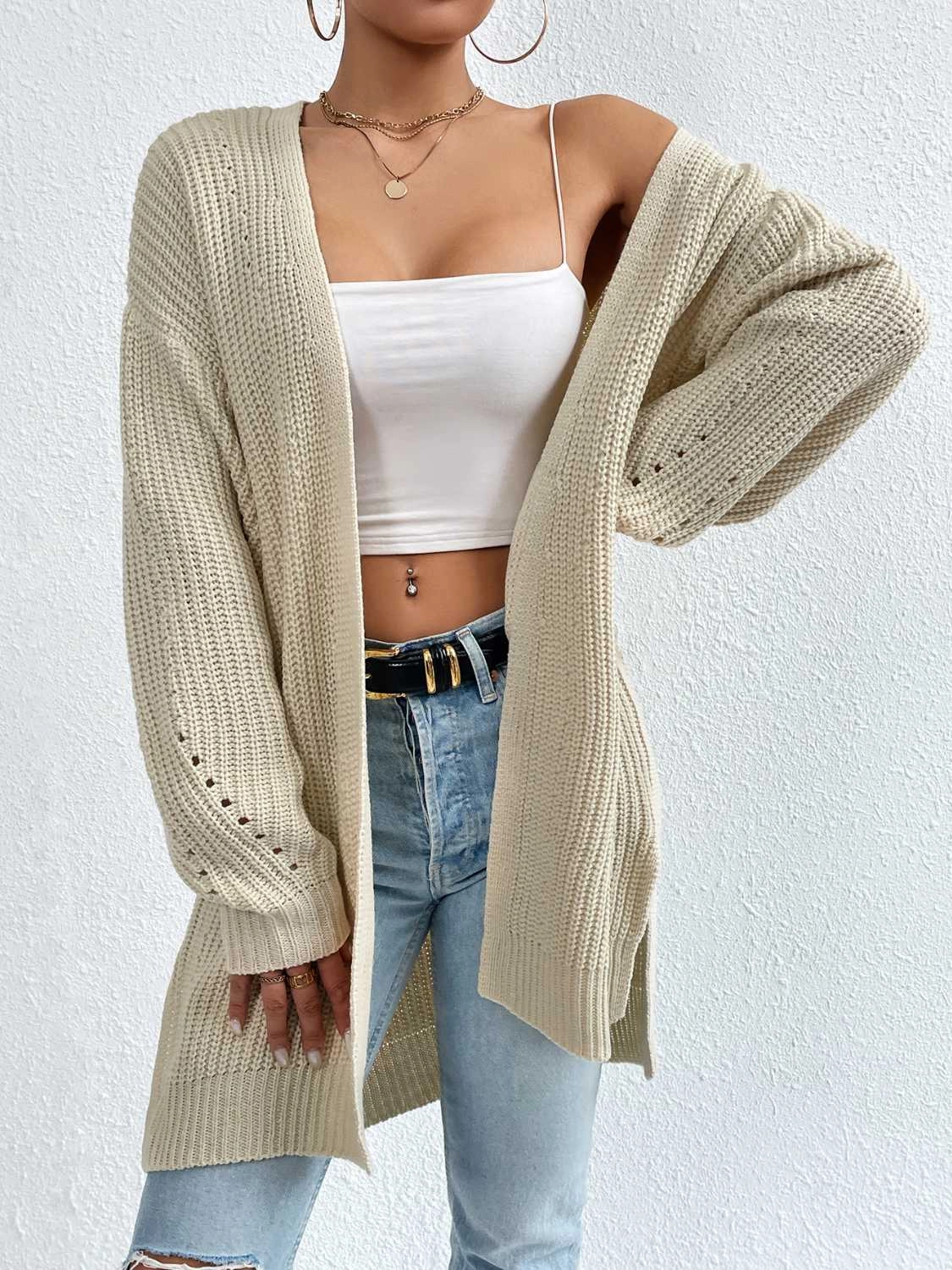 Big Savings Alert Grab Your Savings Open Front Dropped Shoulder Slit Cardigan