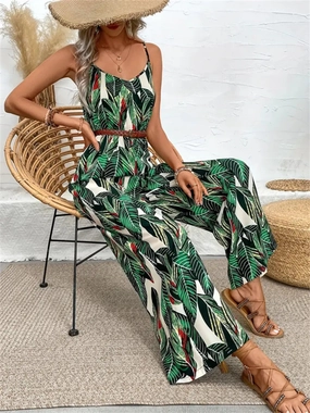 Tropical Print Spaghetti Strap Wide Leg Jumpsuit Online Exclusive Deal Exclusive Online Discount