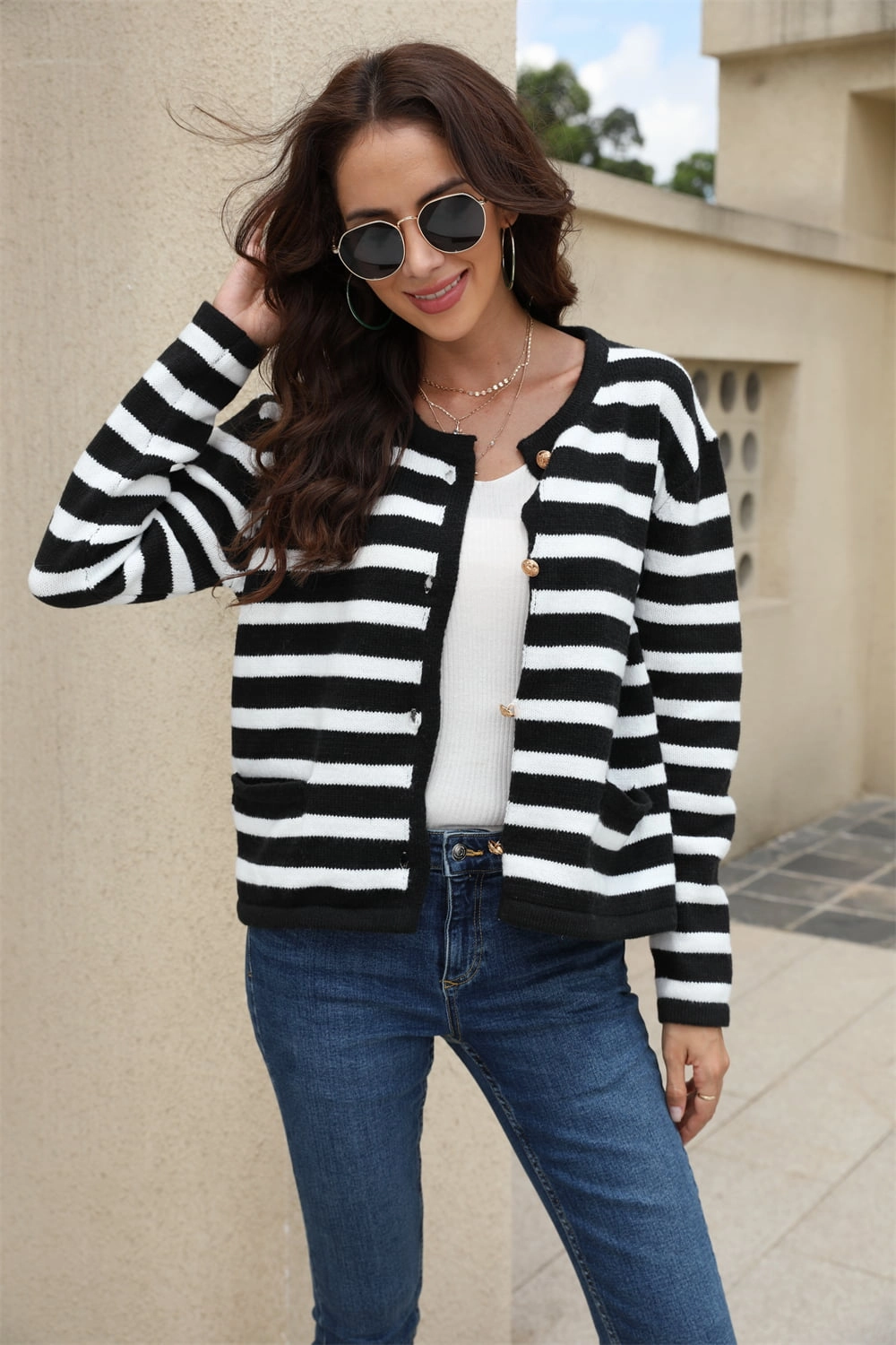 Angel Wings Striped Round Neck Button-Down Dropped Shoulder Cardigan Deal Frenzy Today