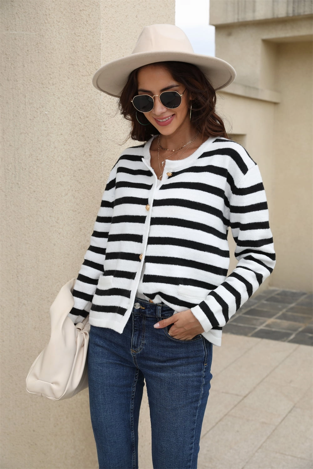 Grab Todays Deal Angel Wings Striped Round Neck Button-Down Dropped Shoulder Cardigan