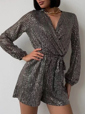 Full Size Sequin Surplice Tie Waist Long Sleeve Romper Perfect Gift Offer