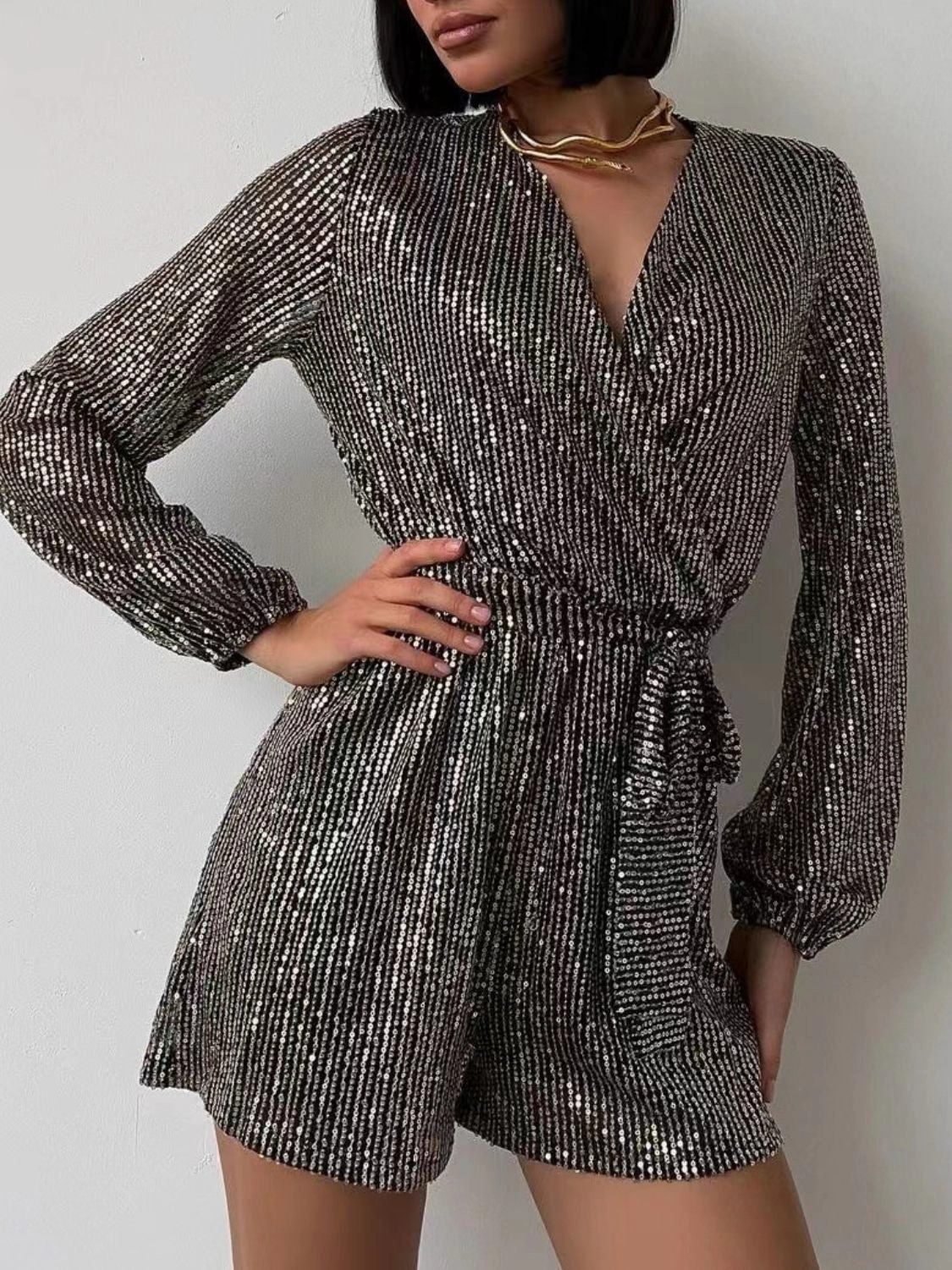 Full Size Sequin Surplice Tie Waist Long Sleeve Romper Today Only Offer Best Seller Discount