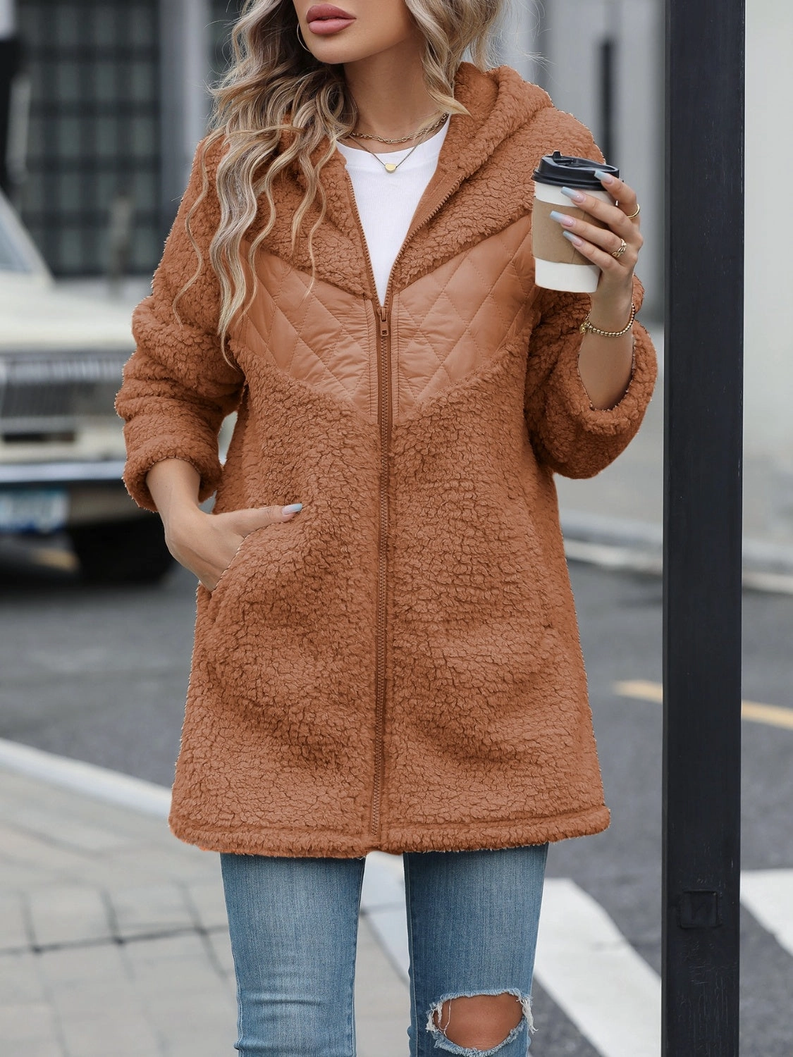 Fuzzy Zip Up Long Sleeve Hooded Jacket Hot Sale Frenzy