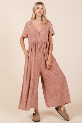Mittoshop Mineral Wash Short Sleeve Flowy Wide Leg Jumpsuit Shop the Savings Now Biggest Savings Now