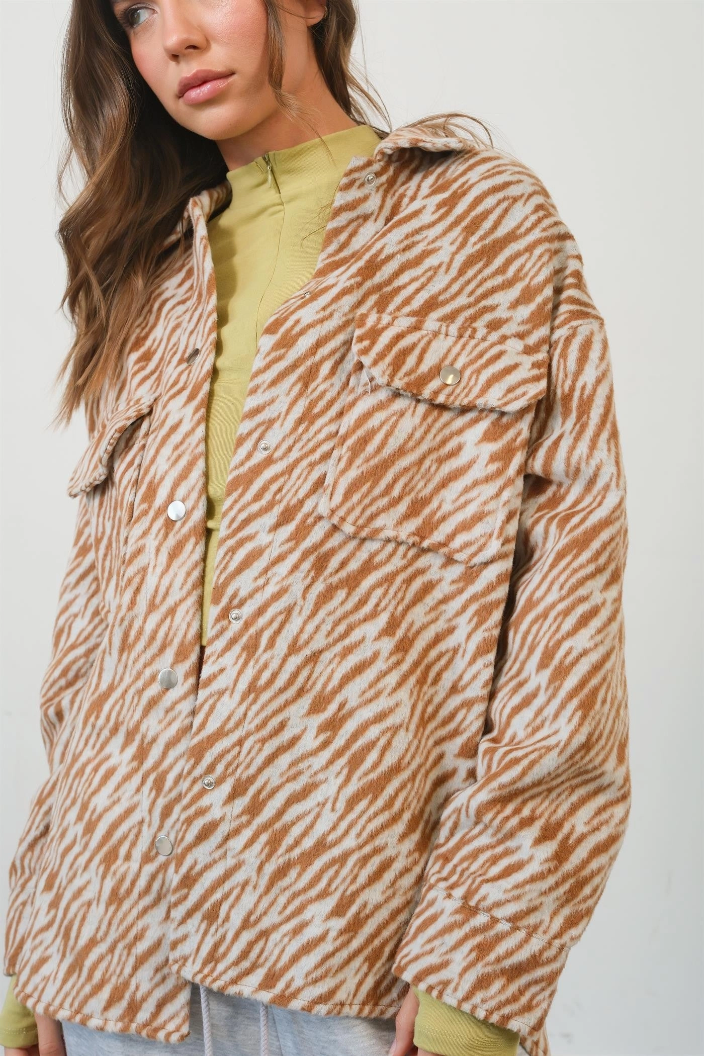 Todays Hot Savings Special Online Offer Hyfve Zebra Print Snap Down Long Sleeve Shacket
