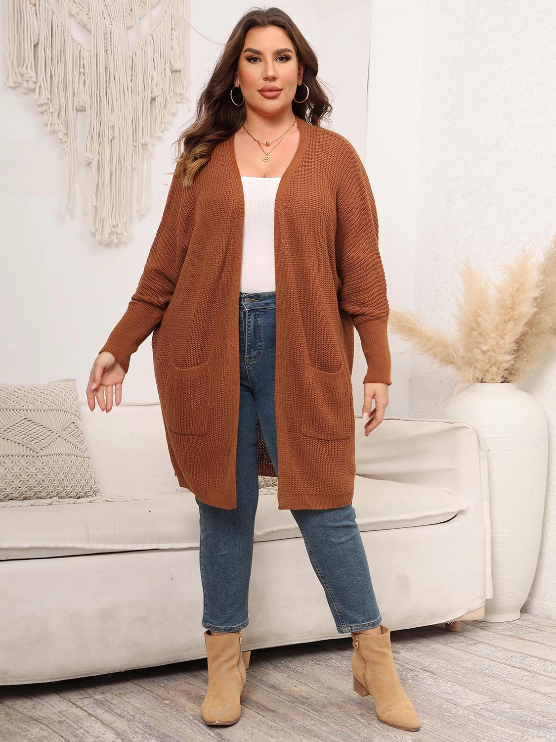 Plus Size Open Front Cardigan With Pockets Biggest Savings Now