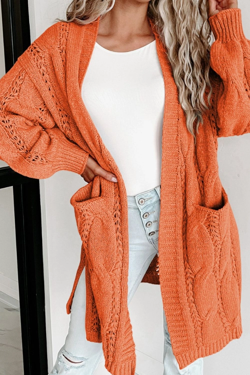 Cable-Knit Dropped Shoulder Slit Cardigan Last Chance Steal