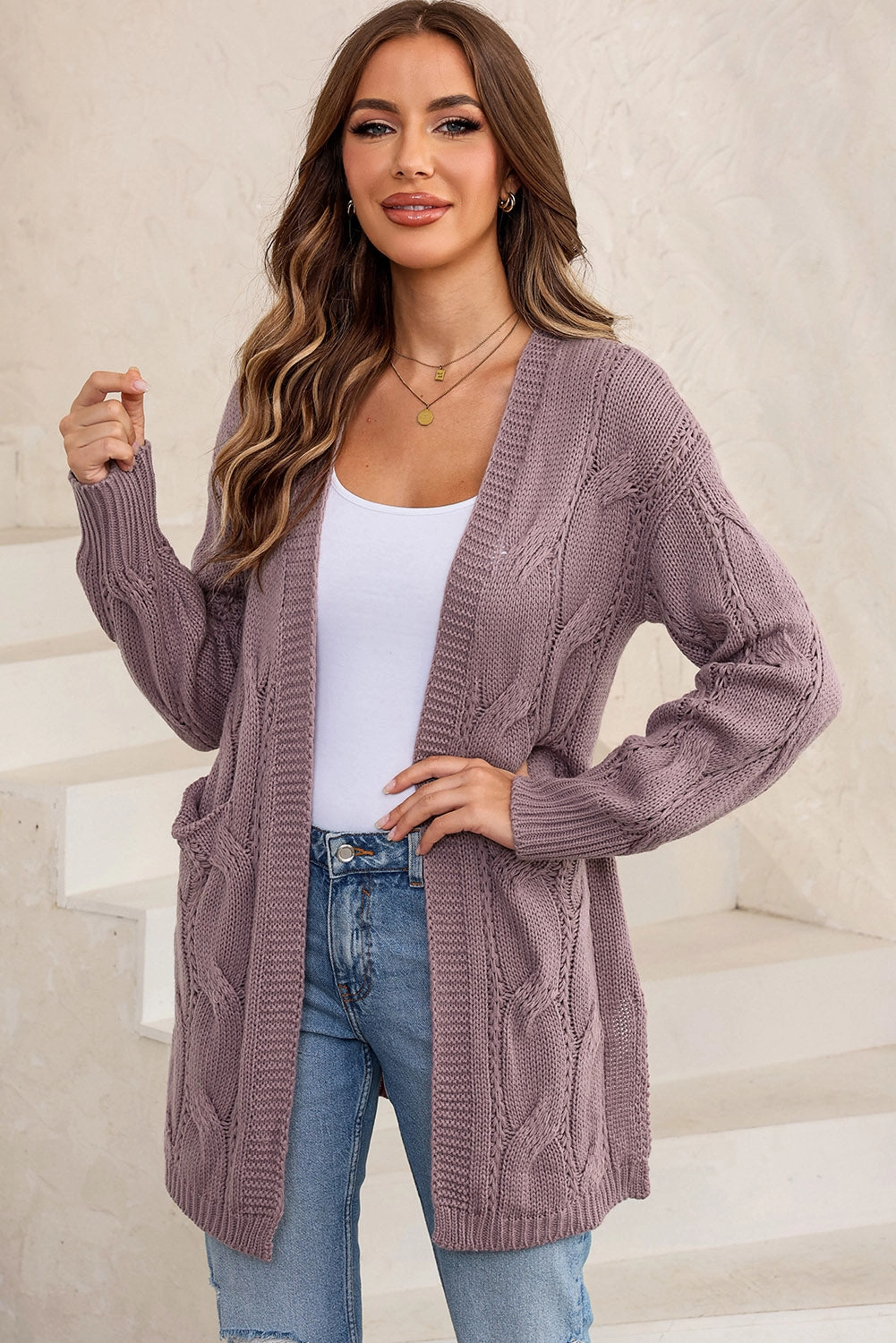 Cable-Knit Dropped Shoulder Slit Cardigan Todays Hot Pick Special Deal Frenzy