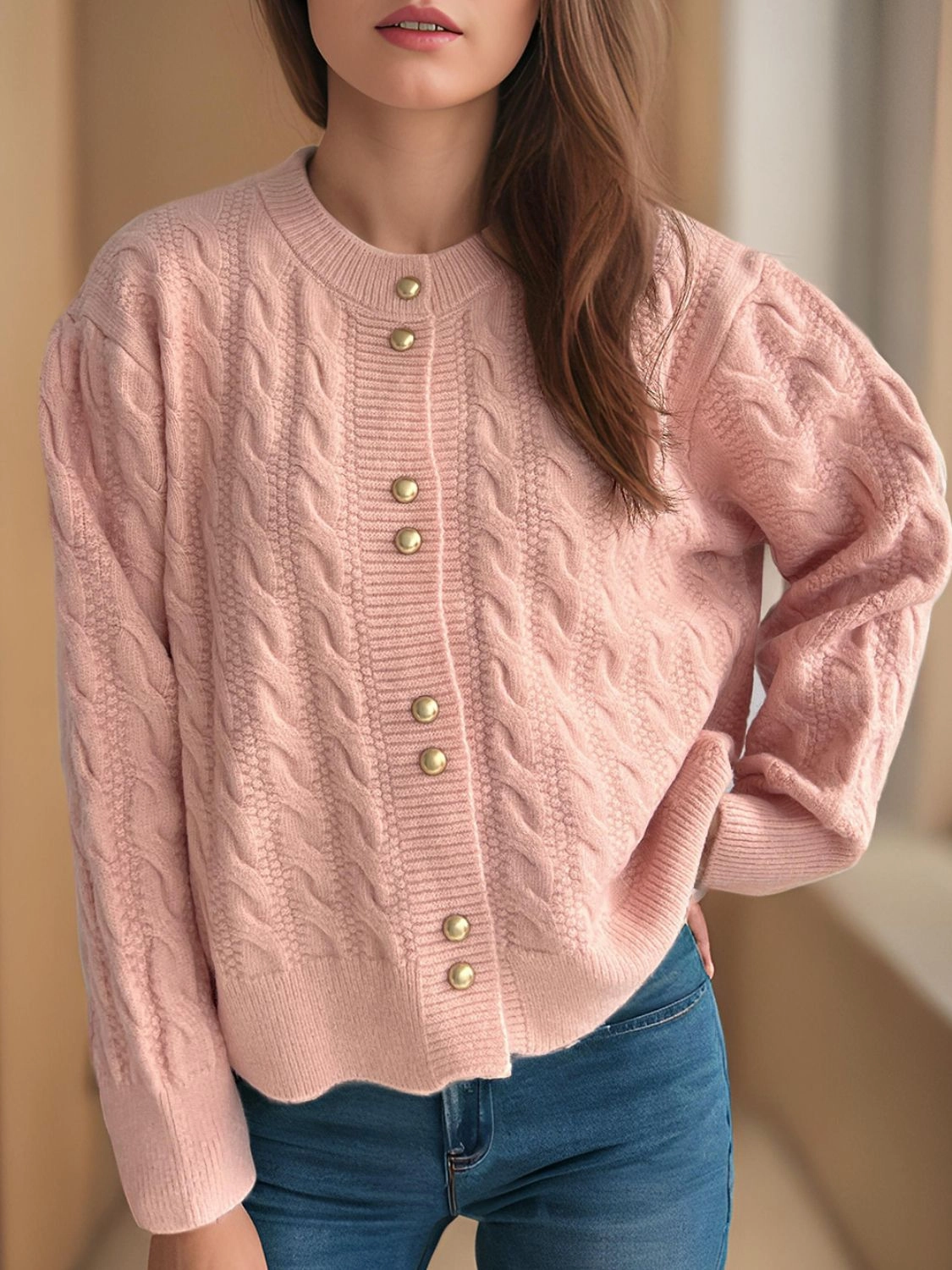 Hot Item Clearance Cable-Knit Round Neck Long Sleeve Cardigan