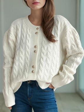 Cable-Knit Round Neck Long Sleeve Cardigan Shop Save Big EndofWeek Deals