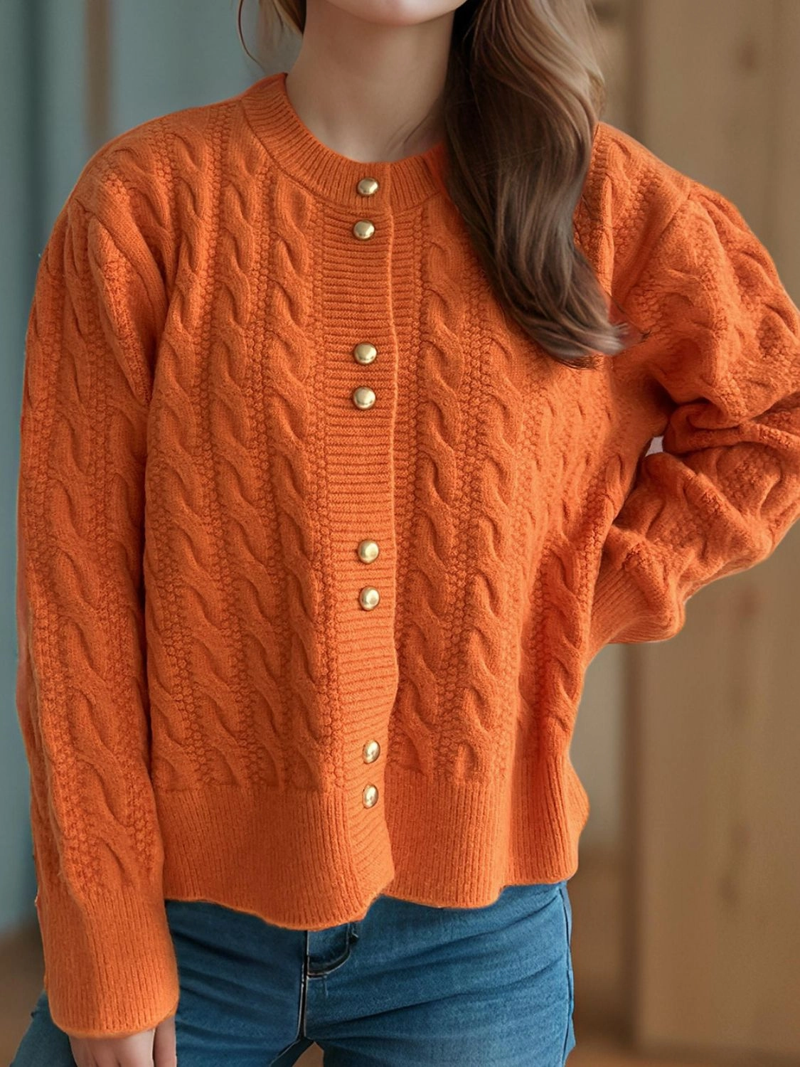 Cable-Knit Round Neck Long Sleeve Cardigan Limited Time Sale