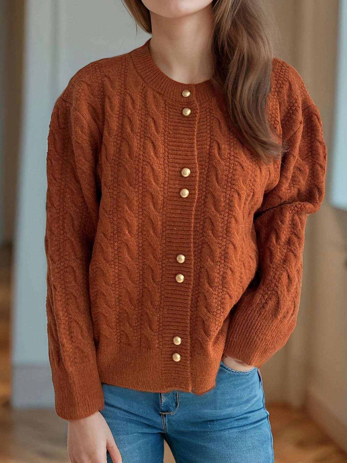 Grab Your Hot Pick Cable-Knit Round Neck Long Sleeve Cardigan
