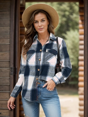 Clearance Savings Now Hot Sale Alert Full Size Pocketed Plaid Collared Neck Shacket