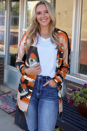 Mega Hot Offer Best Seller Deal Geometric Open Front Long Sleeve Cardigan With Pockets