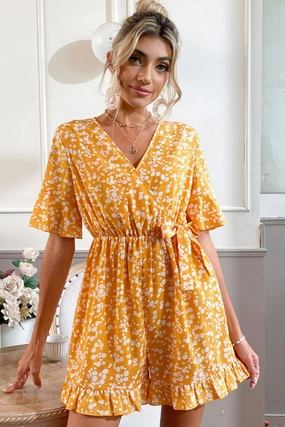 Daily Clearance Deal Grab It Fast Shiny Printed Surplice Neck Ruffled Romper