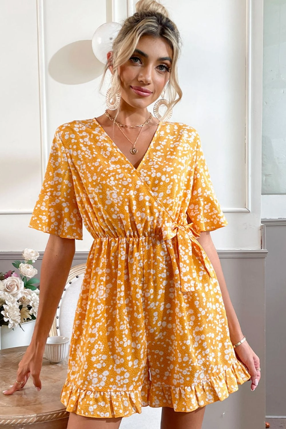 Daily Clearance Deal Grab It Fast Shiny Printed Surplice Neck Ruffled Romper