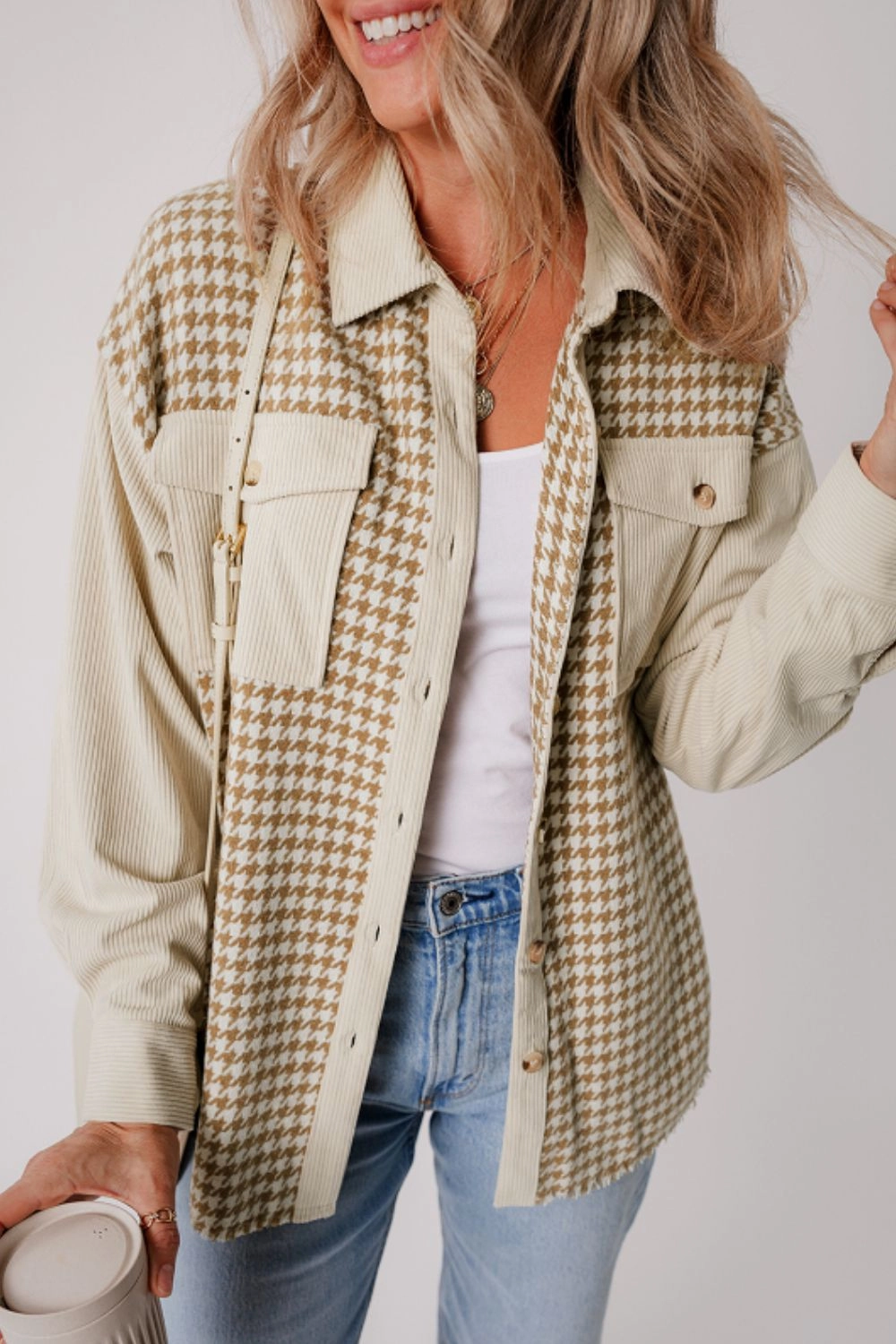 Houndstooth Button Up Long Sleeve Jacket Mega Hot Offer Trending Hot Deal