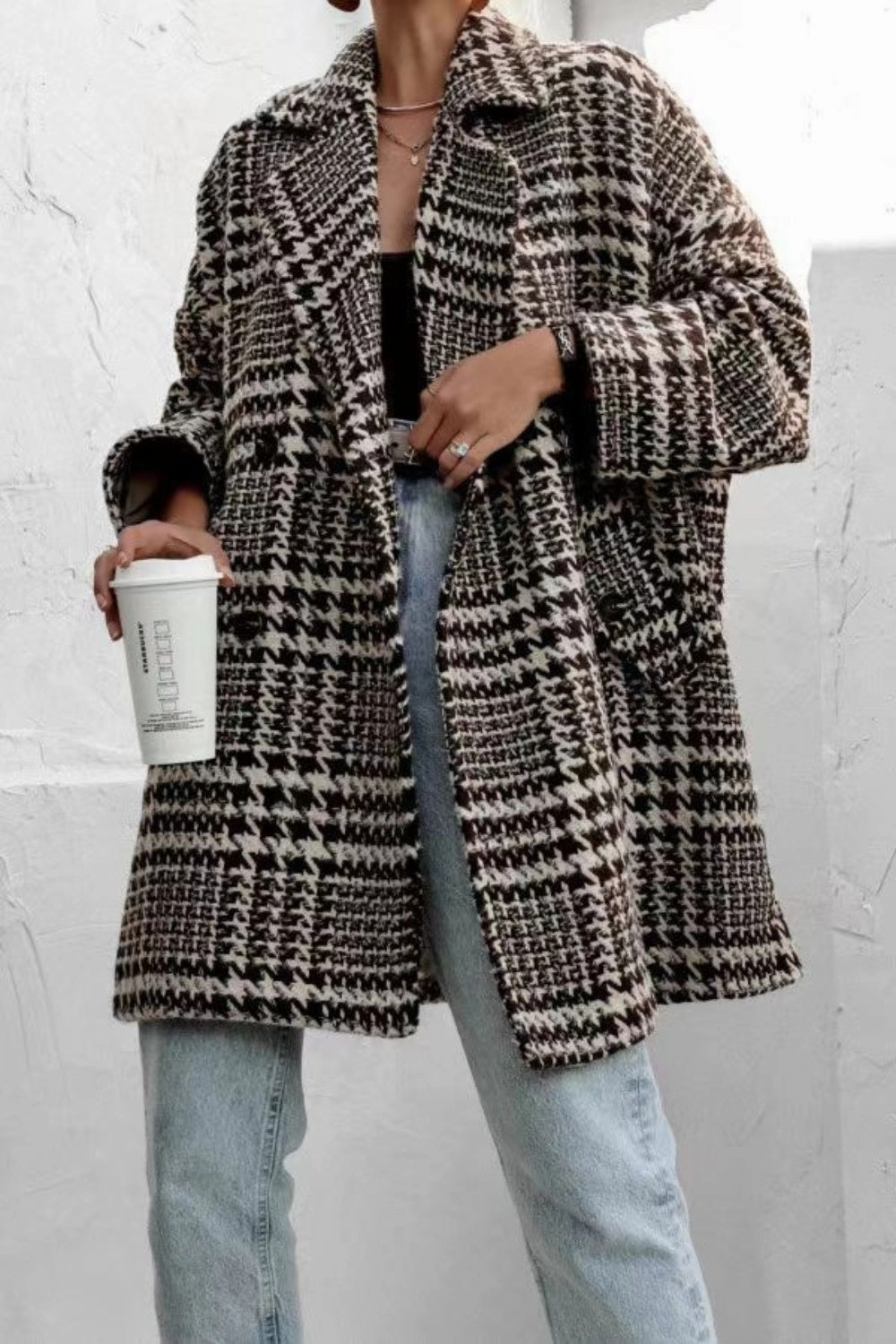 Big Savings Alert Houndstooth Collared Neck Long Sleeve Coat With Pockets
