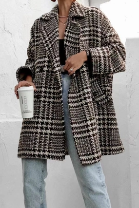 Big Savings Alert Houndstooth Collared Neck Long Sleeve Coat With Pockets