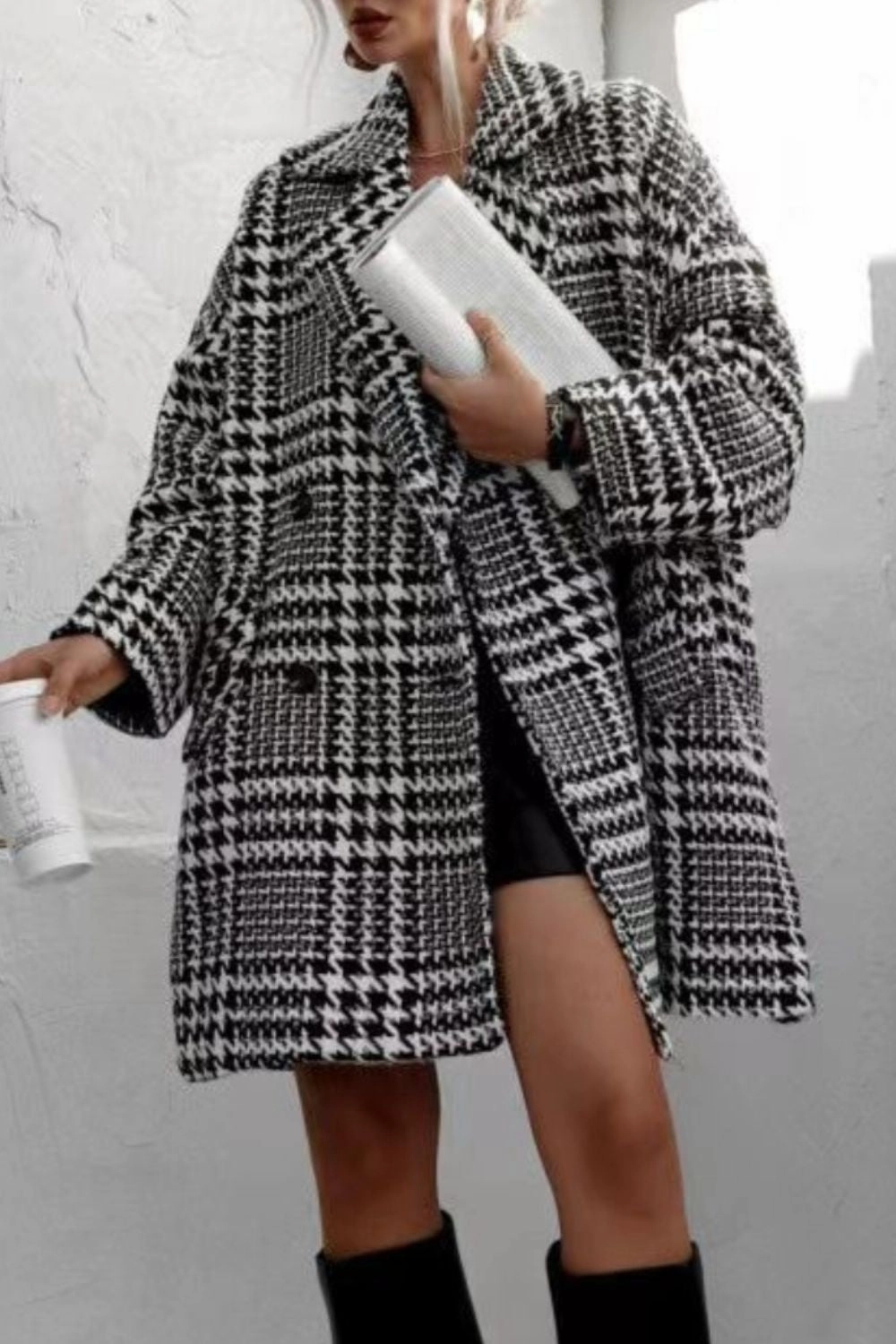Houndstooth Collared Neck Long Sleeve Coat With Pockets Today Only Hot Pick